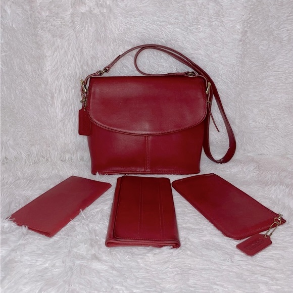 Coach Handbags - 4pc Rare Vintage Coach Equestrian Red Flap 9807, Wallet, Pouch, & Check Holder